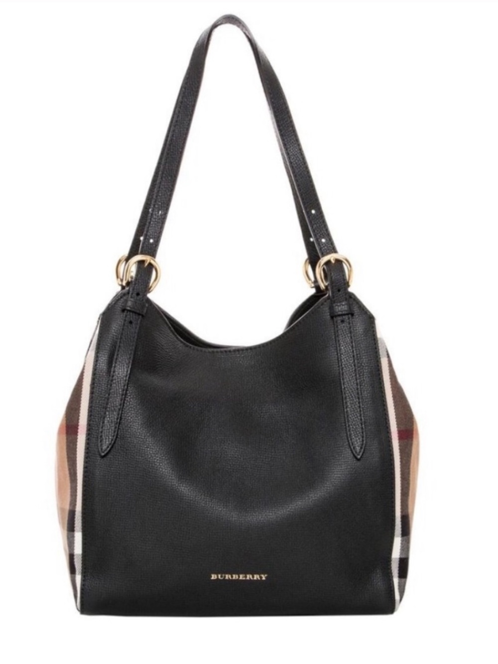 Authentic Burberry Black Leather Canterbury Tote with Classic Check Side Panels
